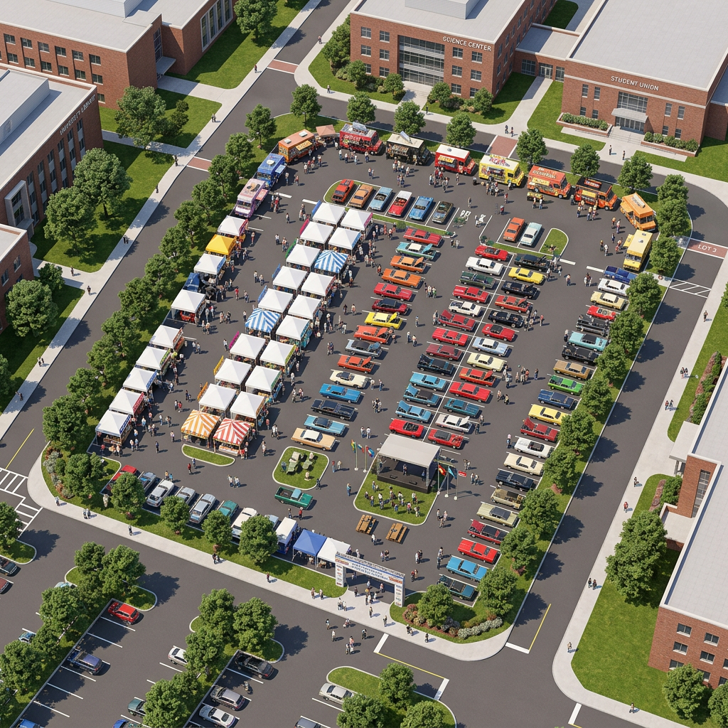 Aerial map of LACC Swap Meet & Car Jam venue with numbered booth spaces