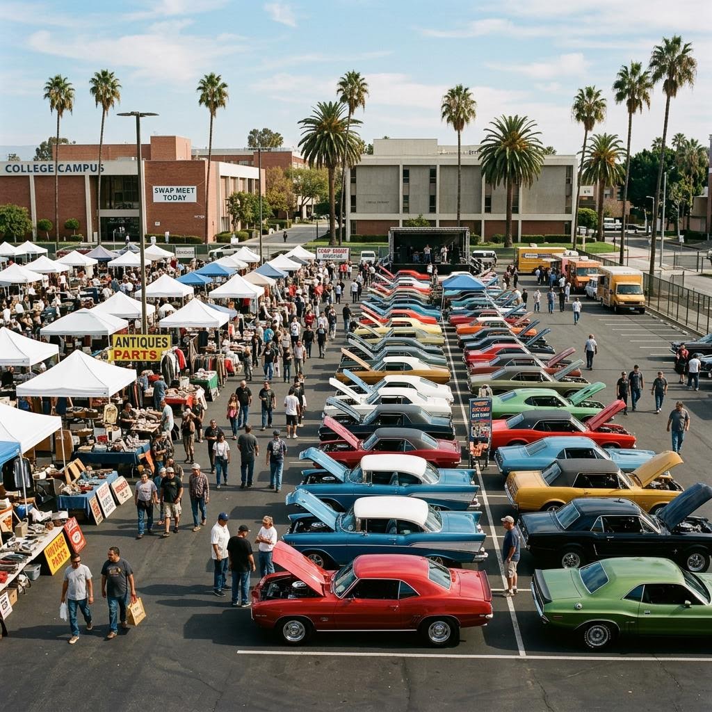 Two shoppers chatting between racks of vintage clothing at a LACC Swap Meet & Car Jam vendor booth